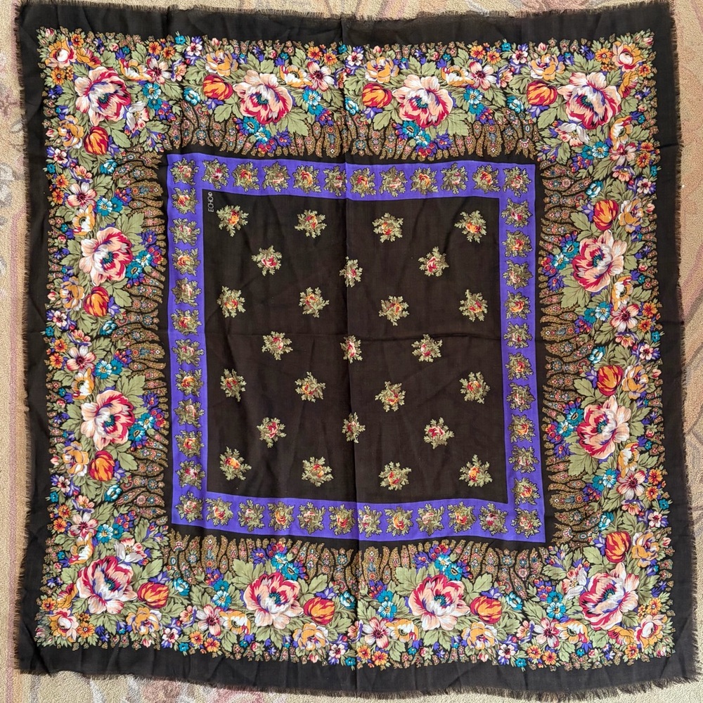 Vintage Echo Floral Scarf 45” Square Black Brown Russian Style Floral Shawl Wrap